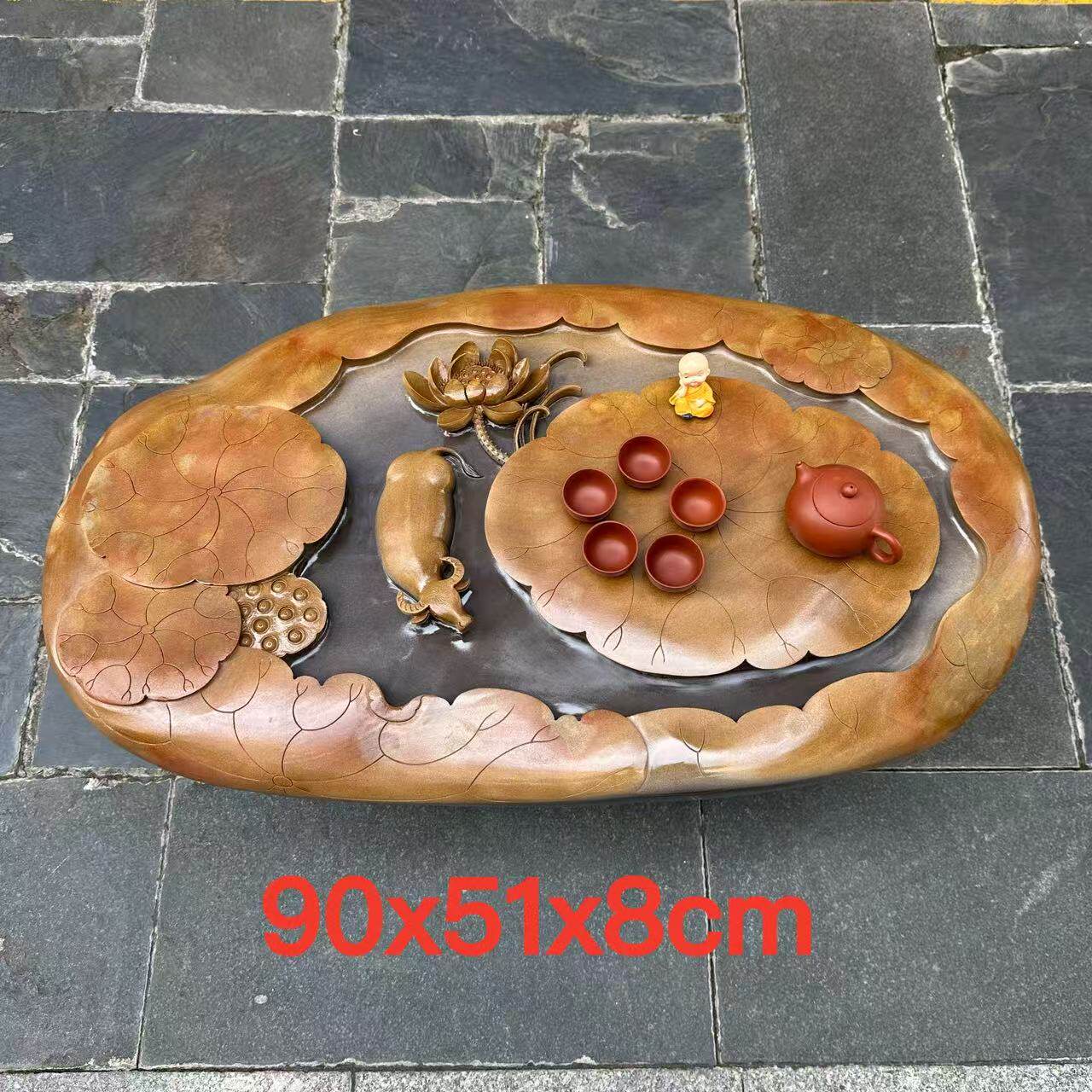 肇庆厂家端石茶盘绿端手工艺荷花客厅一体功夫茶台茶海茶几精品