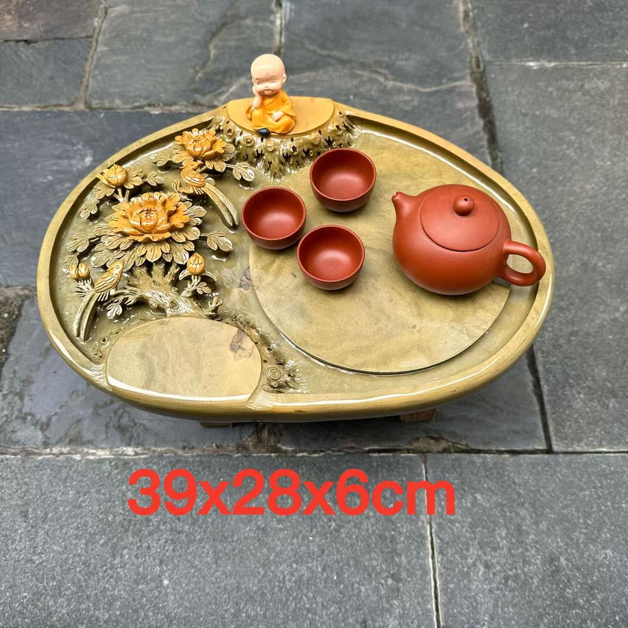 肇庆厂家端石茶盘绿端新中式家用茶台茶托功夫茶海手工精雕牡丹花