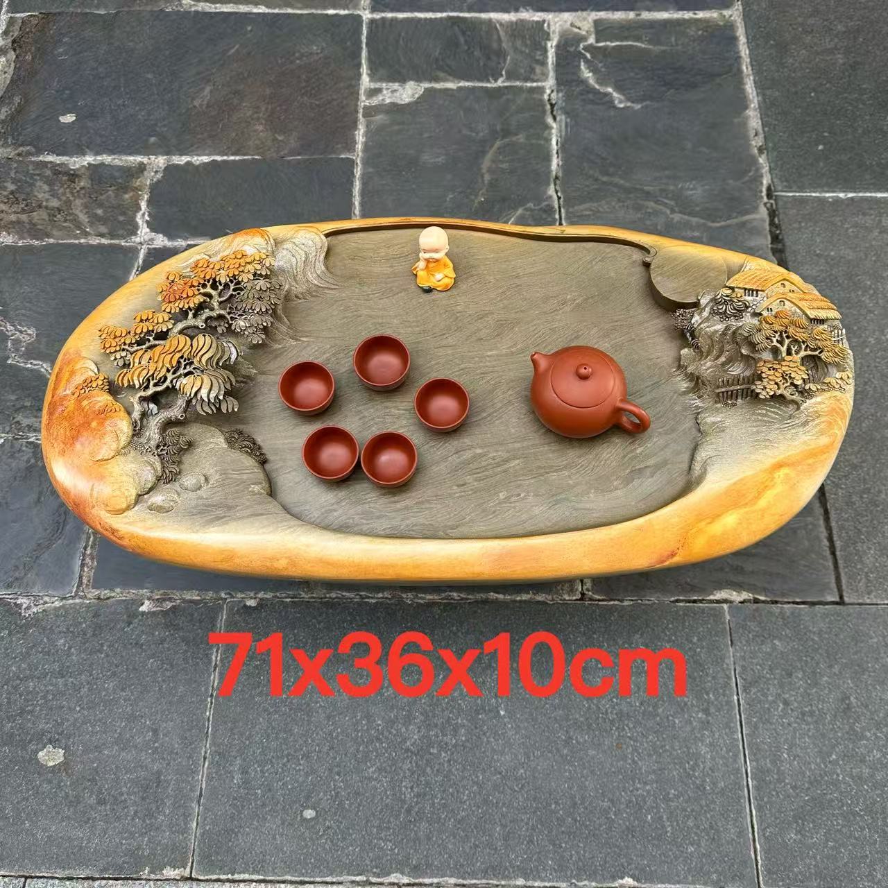 厂家端石茶盘绿端名师精雕山水客厅高档复古摆件茶台茶几茶海精品