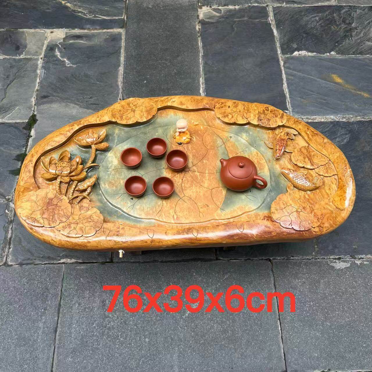 端石茶盘肇庆厂家绿端名师精雕荷花茶台茶海干湿分离客厅茶桌摆件