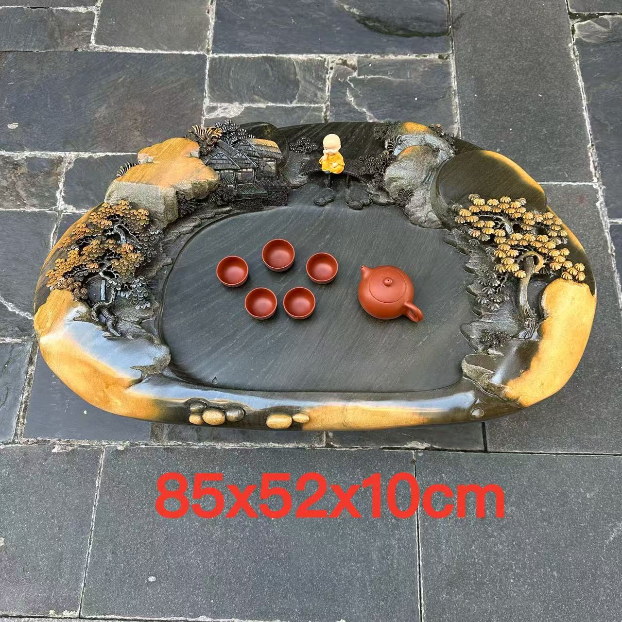 肇庆厂家端砚茶盘金包玉绿端精雕山水家用茶桌高档茶海茶台精品