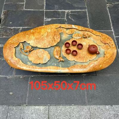 肇庆厂家端石茶盘天然绿端手工雕刻荷花高档家用户外室内茶台茶海