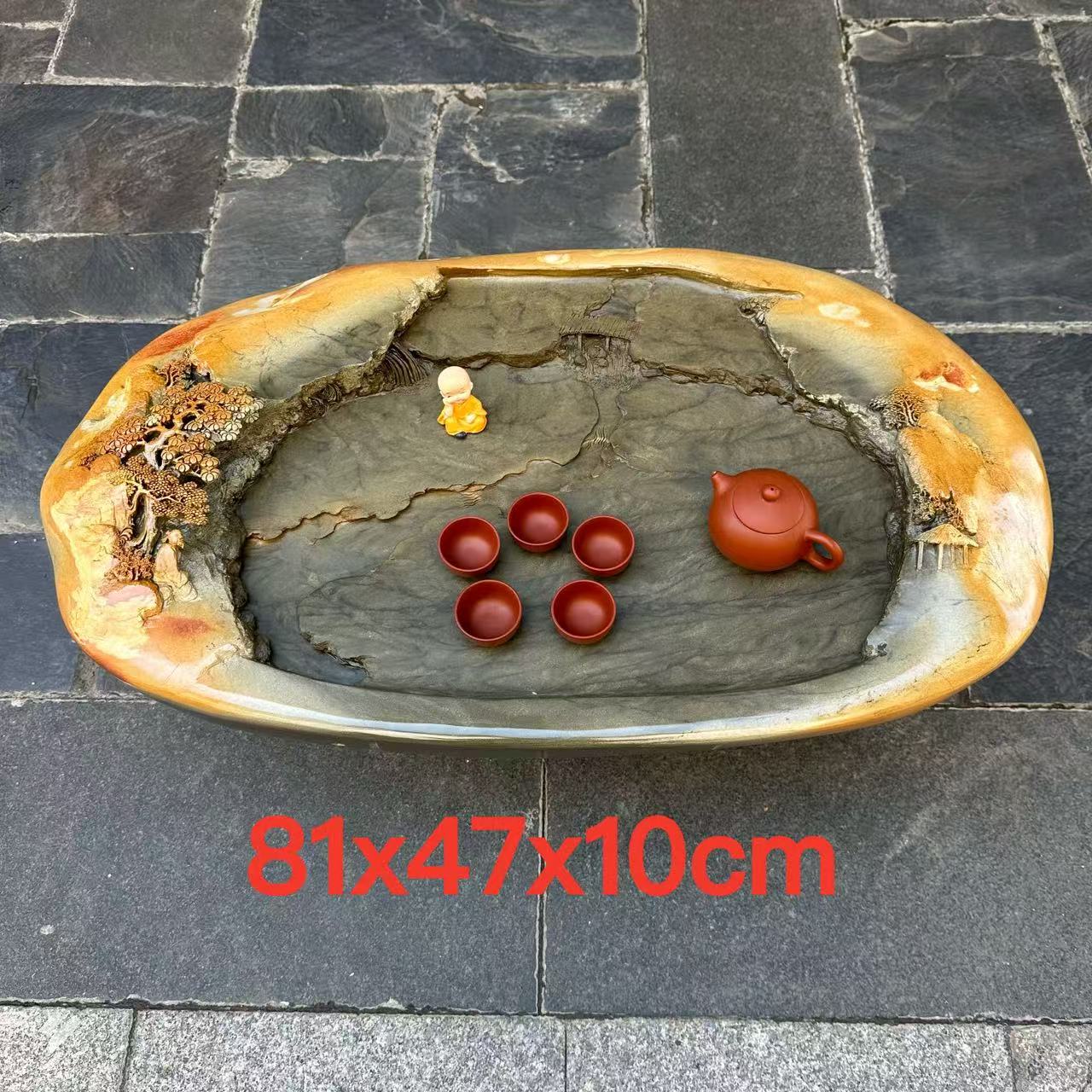 肇庆端砚茶盘天然绿端一体功夫茶台茶海复古怀旧山水手工雕刻精品