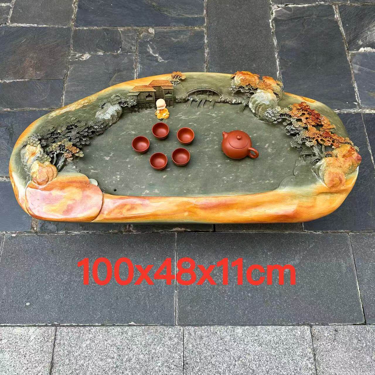 端石茶盘绿端精雕山水金包玉茶台茶海客厅茶桌室内户外百年茶几