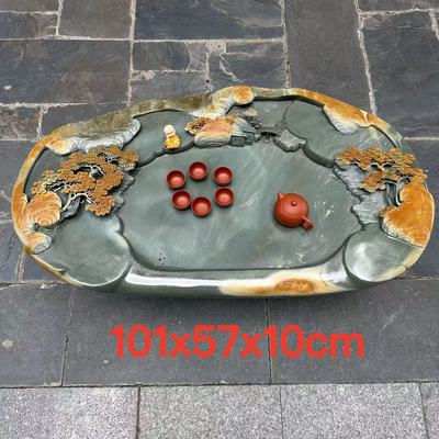 肇庆厂家端砚茶盘绿端砚石手工精雕山水怀旧复古风石茶台茶海孤品