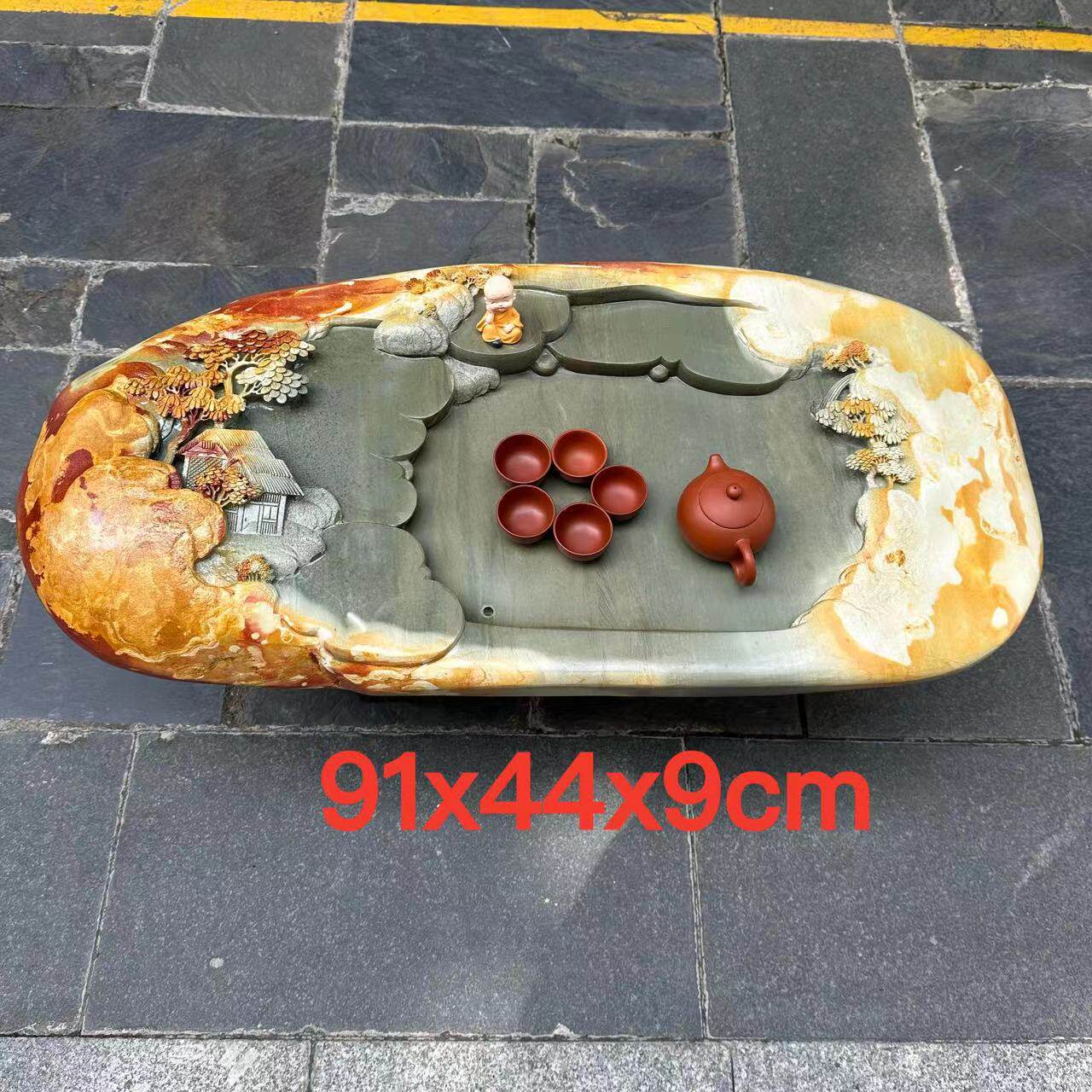 厂家端砚茶盘天然绿端创意新奇雕刻山水家用客厅摆件茶台茶海茶几