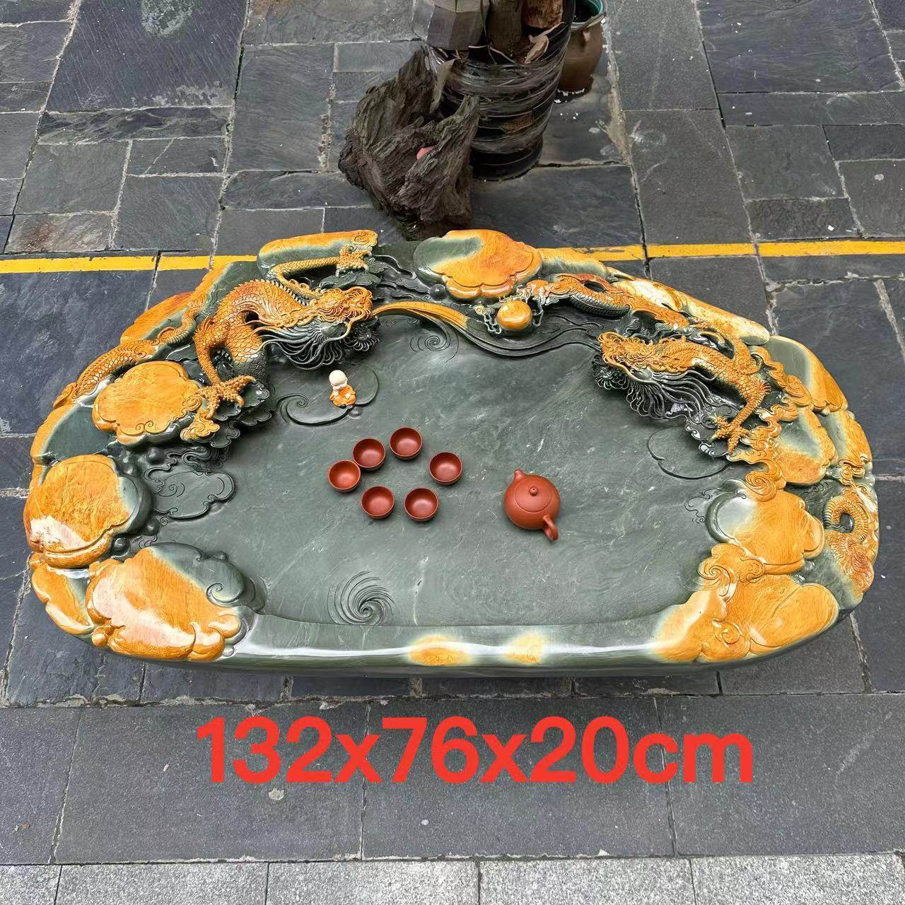 端砚茶盘天然绿端金包玉精雕龙盘家用客厅禅意功夫茶台茶海精品