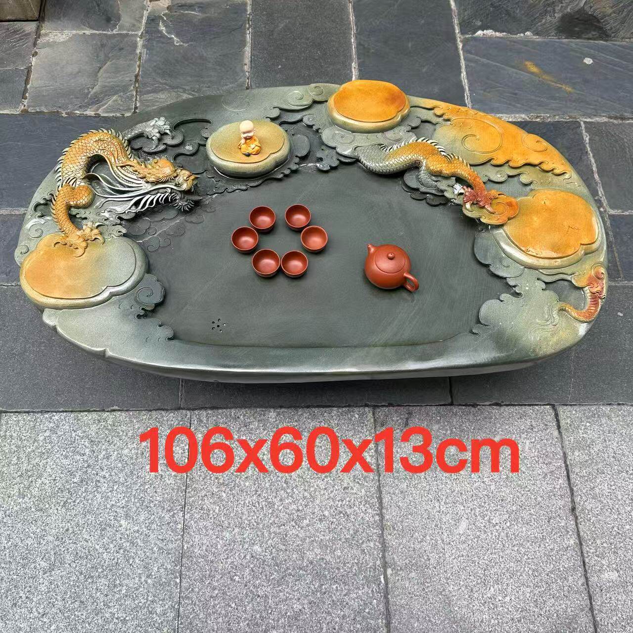 端石茶盘厂家绿端名师精雕大号龙盘家用庭院客厅摆件茶台茶海精品