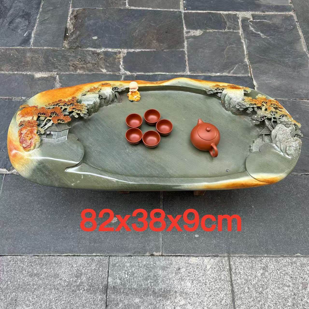 厂家端石茶盘绿端原石精雕山水家用客厅一体功夫茶台茶海高档大气