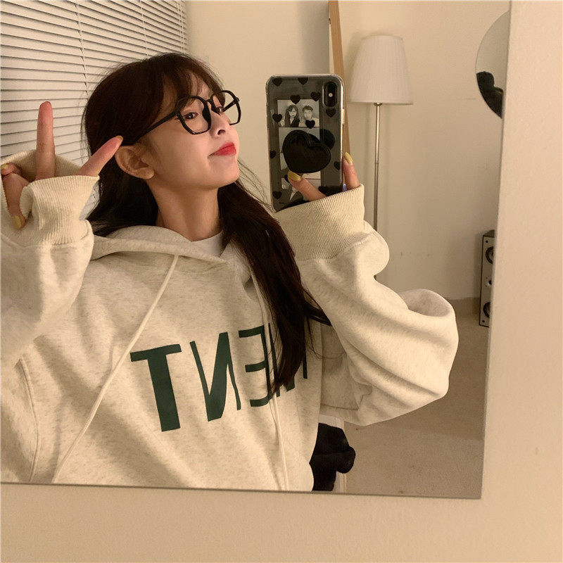 Real price! ~Plush lettered printed hooded Pullover Jacket