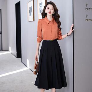 女装时尚套件裙秋季新品气质长袖衬衫百装褶半HR765-6裙两套-