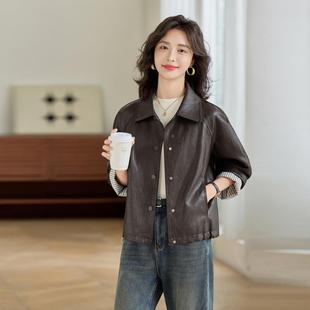 感拼接休闲短款皮外套GT8067-0女新款设计翻秋领软夹皮克上衣