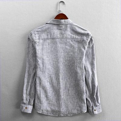 新款男士麻秋草长袖衬衫休闲宽松翻领细条棉麻衣衬亚-纹秋草