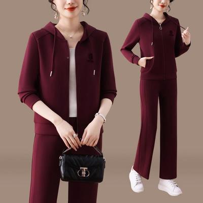 小个子妈妈春装动装新款中老年女春季卫连运衣休闲套帽8850626两