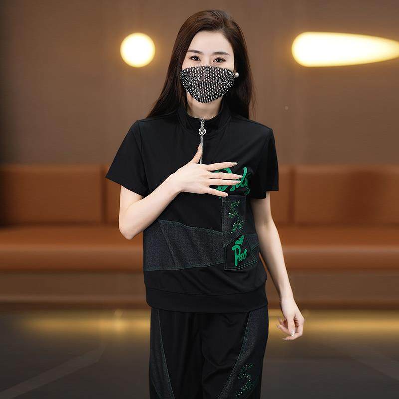 7749202拼设套计立领印花接宽松运动装女夏季两件套感时尚直筒卫,运动服/休闲服装,运动套装,淘宝优惠券,粉丝福利购,淘宝优惠卷