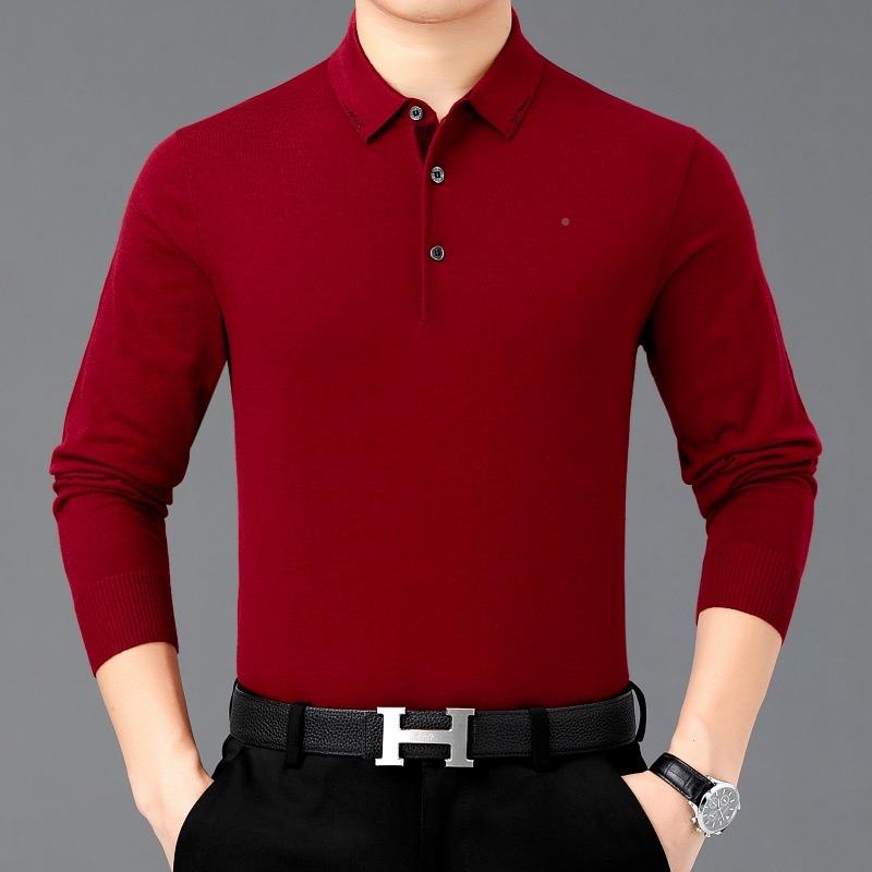 春秋新款男士袖恤色羊长绒衫年男装纯商中8877-LK务薄款羊毛打底