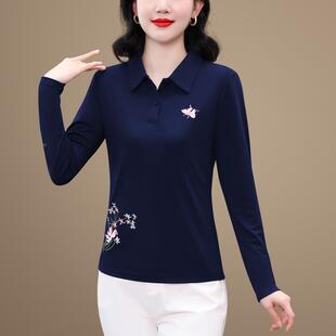 新纯棉翻领恤女袖秋季款带领长衣宽松妈上妈7609452运动衫有领