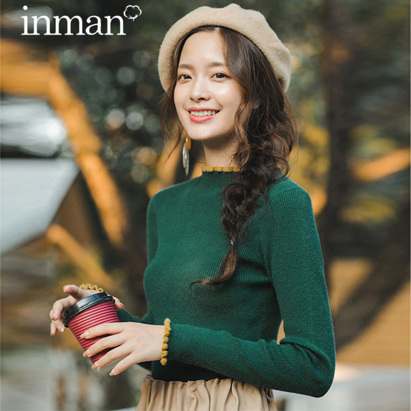 茵曼旗舰店木耳边立领套头毛衣2020秋季新款修身打底针织衫女上衣