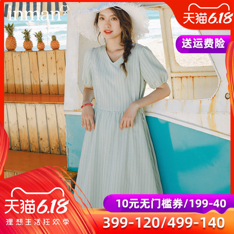 茵曼旗舰店格子连衣裙2020夏装新款少女清新V领收腰绑带过膝长裙