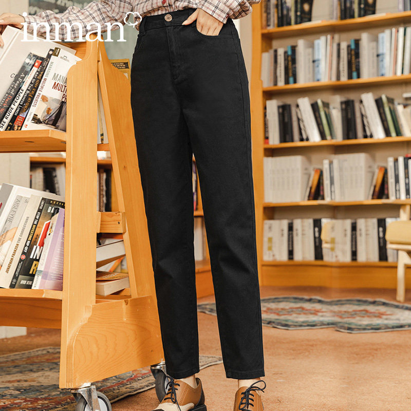 茵曼黑色牛仔裤2020冬装新款高腰小脚哈伦裤宽松纯棉直筒裤老爹裤