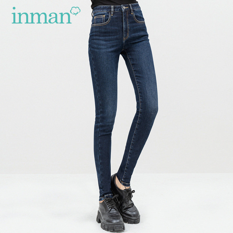 茵曼加绒加厚牛仔裤2020冬季新款保暖铅笔裤紧身弹力小脚裤长裤子
