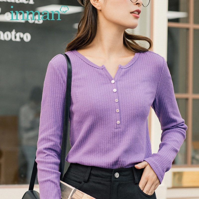 茵曼旗舰店t恤长袖2020秋冬新款修身针织衫V领弹力打底衫外穿上衣