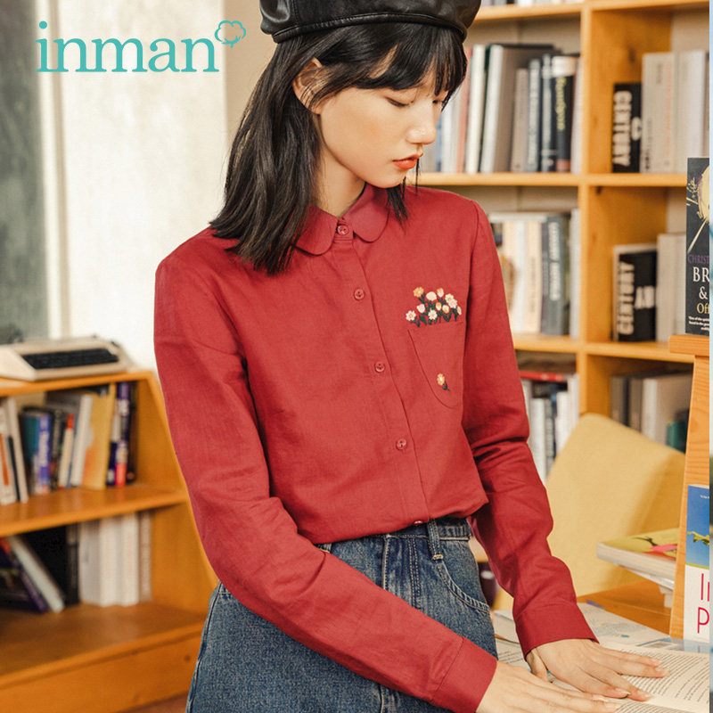 茵曼亚麻衬衫2020秋装新款设计感刺绣棉麻上衣港味娃娃领洋气衬衣
