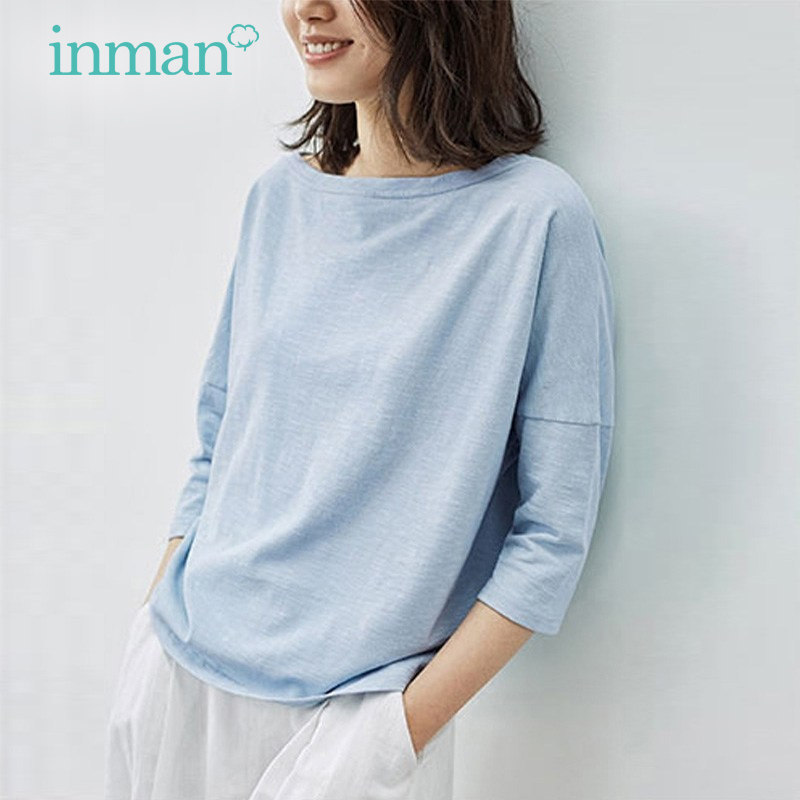 茵曼旗舰店纯色T恤2021秋装新款纯棉宽松打底衫一字领七分袖上衣