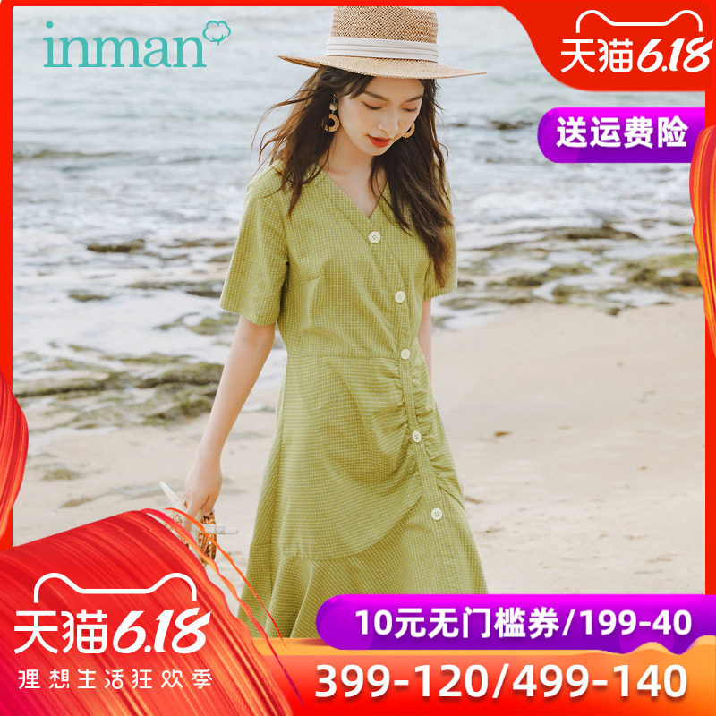 茵曼旗舰店格子连衣裙2020夏季新款法式复古初恋桔梗裙长裙鱼尾裙