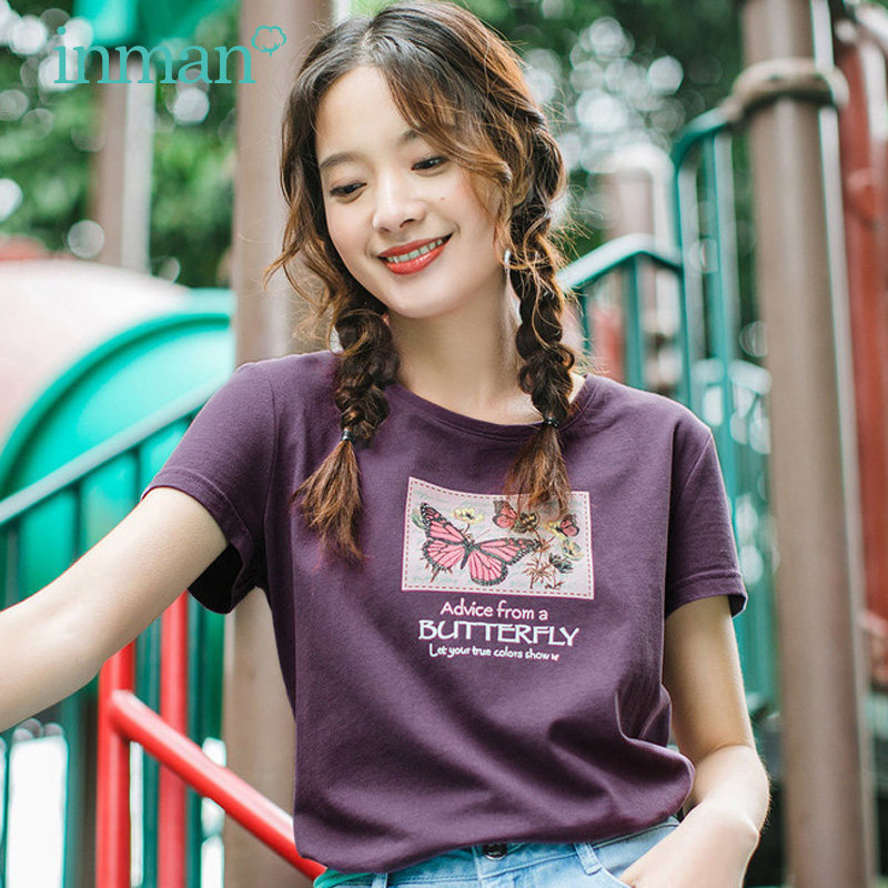 茵曼旗舰店纯棉圆领短袖印花显瘦T恤2020夏新款网红半袖小衫上衣