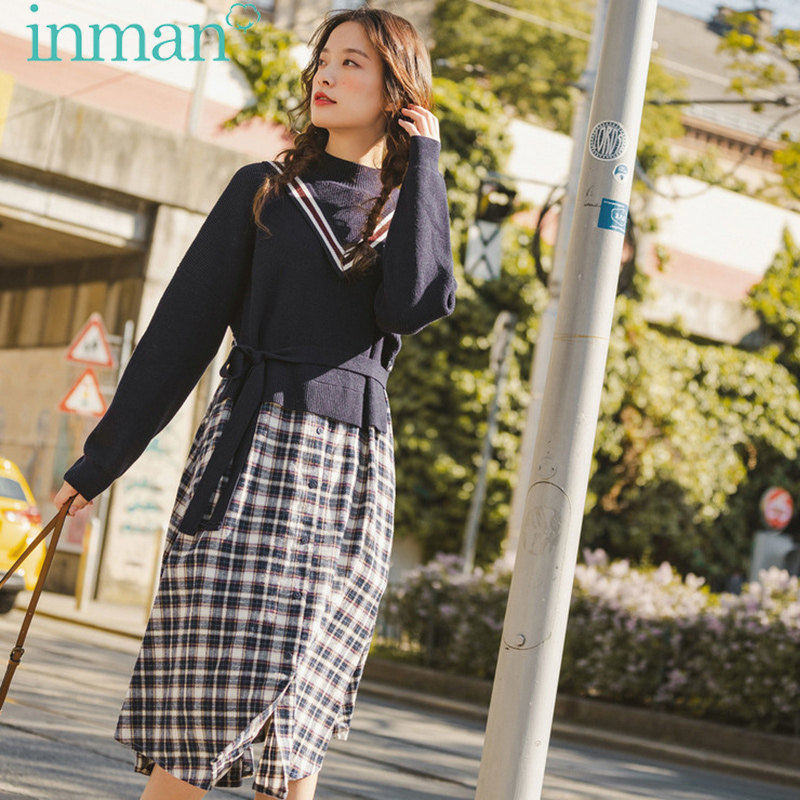 茵曼旗舰店减龄洋气套装裙2020秋季新款毛衣格子裙假两件套连衣裙