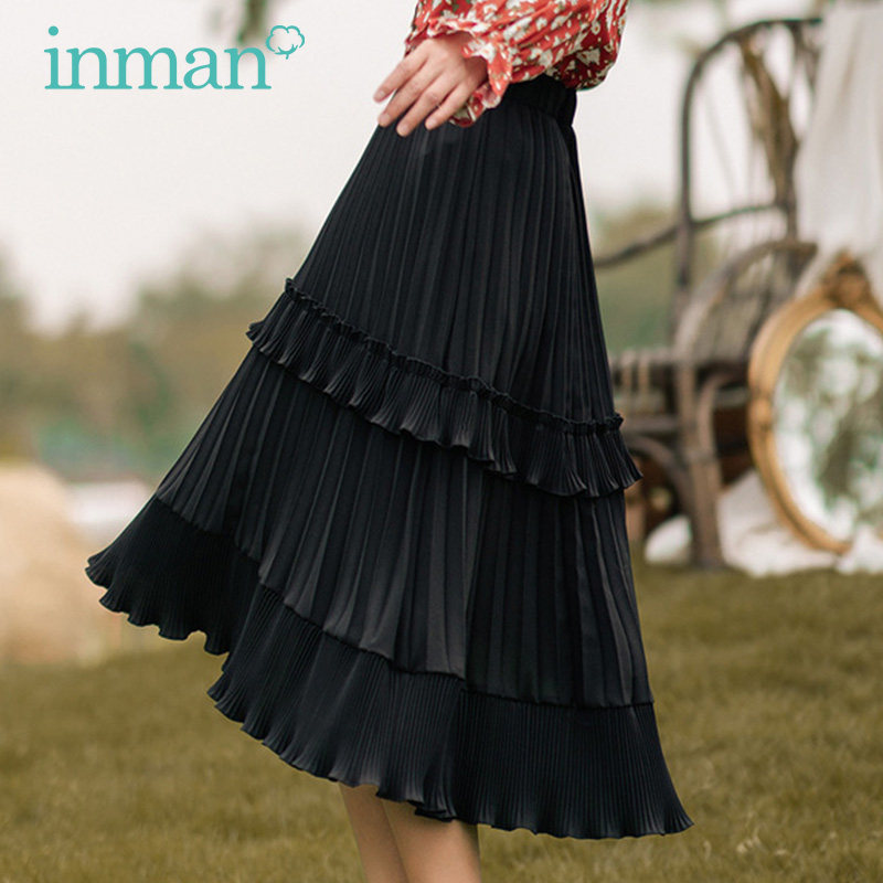 茵曼旗舰店半身裙女2020秋装新款荷叶边鱼尾裙不规则百褶裙中长裙