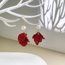 红色花朵耳环2025新款爆款高级感轻奢时尚夸张新中式国风挂钩耳饰