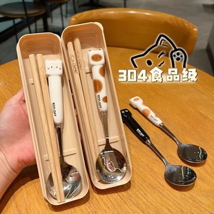 ins可爱勺子叉子木筷子学生便携式餐具儿童套装盒卡通304不锈钢