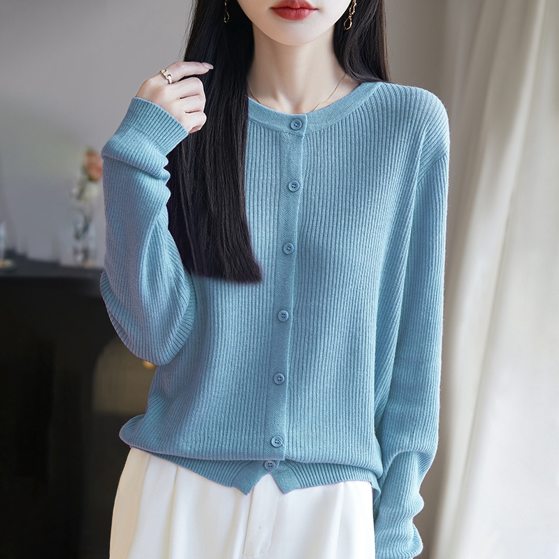 新款订单款抽条精纺羊毛针织开衫外套女显瘦毛衣纯色百搭针织衫