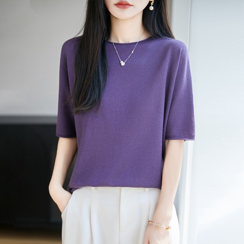 通勤风简约天丝一线无缝针织中袖T恤女夏薄宽松半袖显瘦上衣短袖