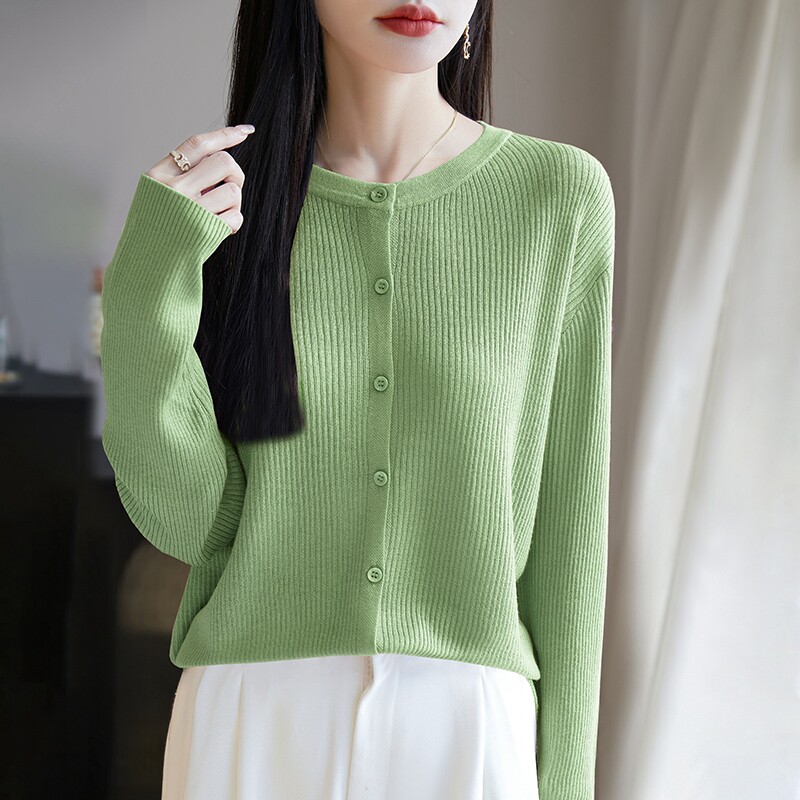 新款订单款抽条精纺羊毛针织开衫外套女显瘦毛衣纯色百搭针织衫