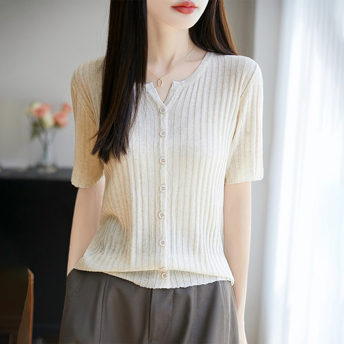 剪刀V领天丝亚麻女夏季短袖T恤开衫新款坑条短款外套上衣针织衫