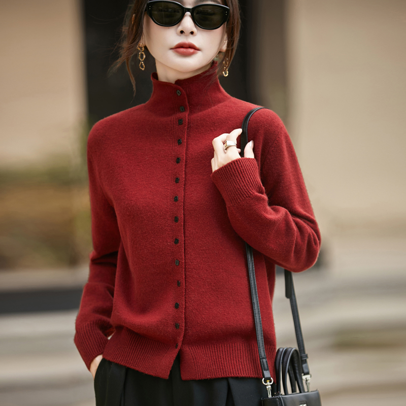 半高领加厚羊毛开衫女秋冬季新款外贸原单针织衫毛衣外套