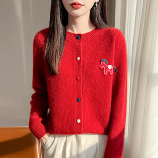 新年红色小马100纯羊毛女小马刺绣本命年彩色扣针织开衫上衣外套