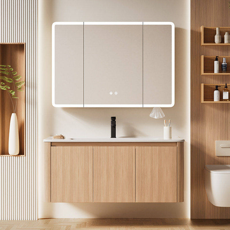 广东佛山卫浴柜洗漱台陶瓷一体盆原木色蜂窝铝浴室柜圆角洗手盆柜