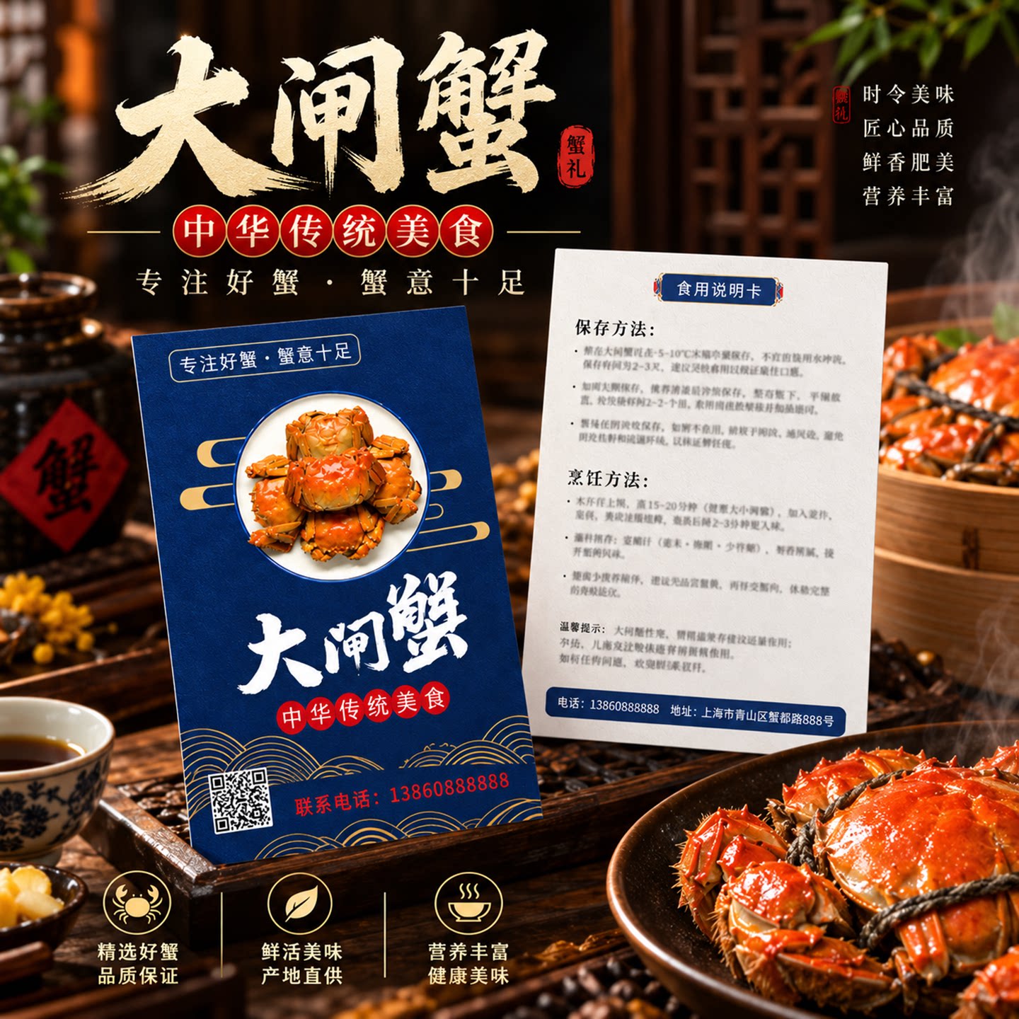 阳澄湖大闸蟹提货卡公母蟹礼盒代金券螃蟹食用说明售后温馨提示卡