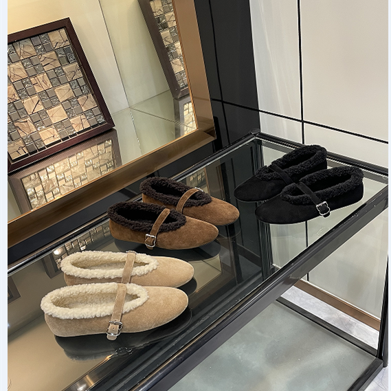 高版小众新款羊毛玛丽珍鞋女一字扣带平底加绒加厚保暖羊毛棉鞋子