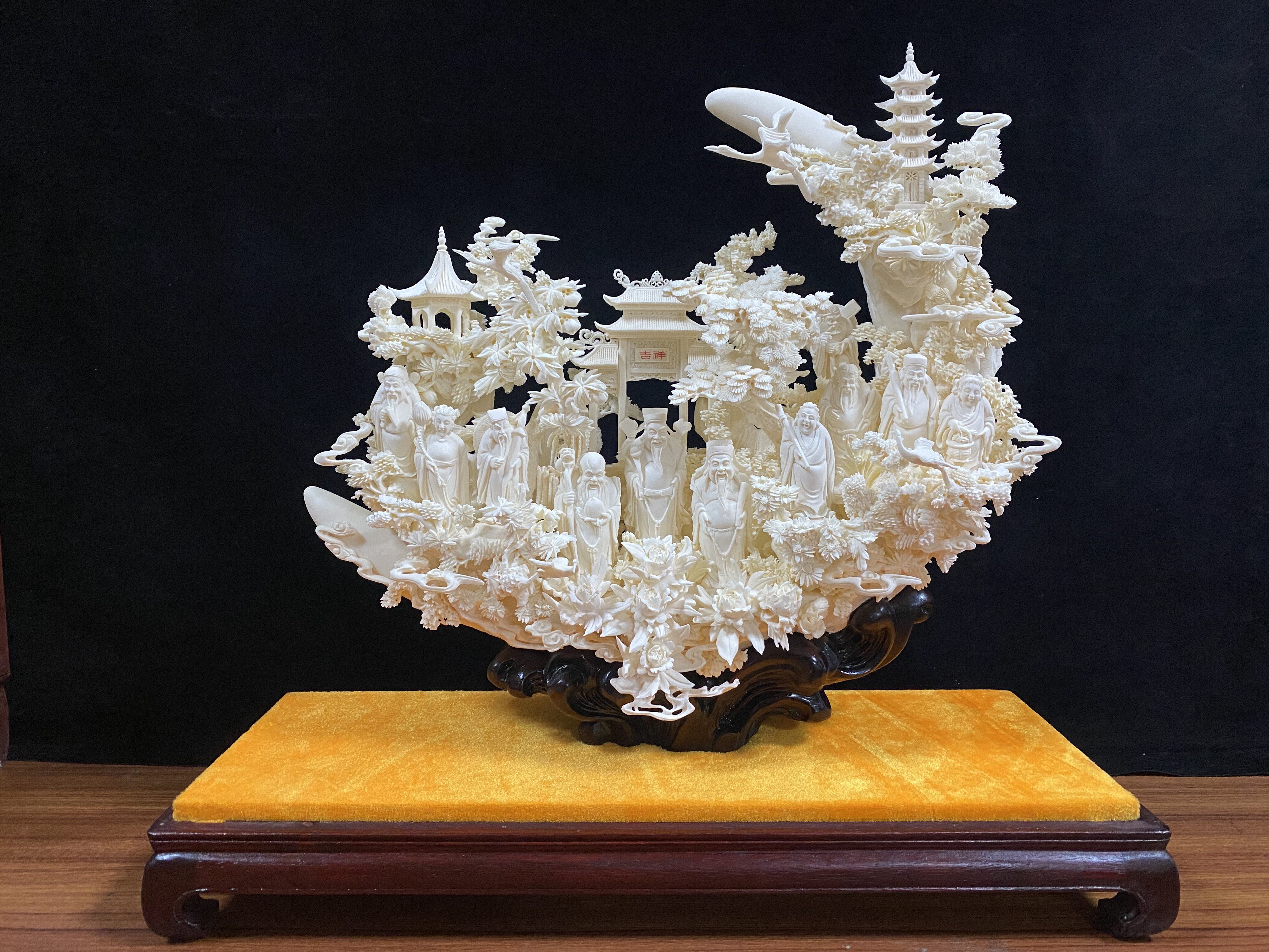 牛骨雕刻摆件八仙过海八仙贺寿群 如意八仙 仙寿贺寿家居软装摆件