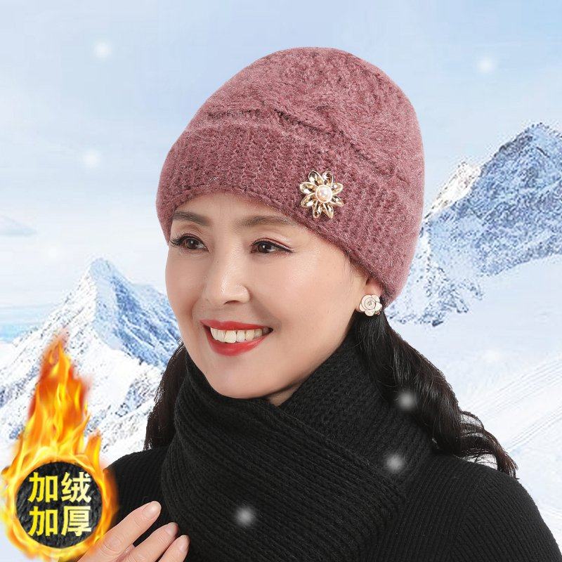 帽子女冬中老年帽子女加厚毛线帽保暖帽妈妈包头帽针织帽老人帽子