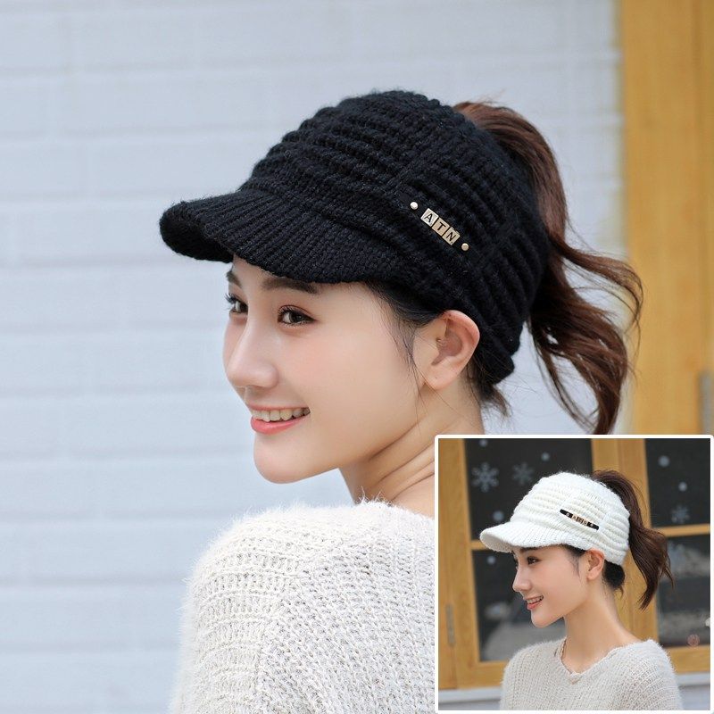 帽子冬女毛线帽女潮韩版新款无顶休闲短檐鸭舌帽白色空顶帽针织帽