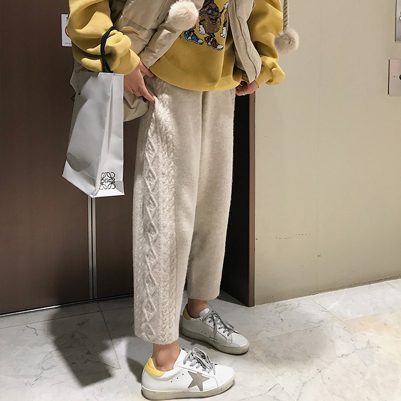 大码高腰针织阔腿裤女秋冬胖妹妹垂感宽松休闲毛线裤麻花奶奶裤