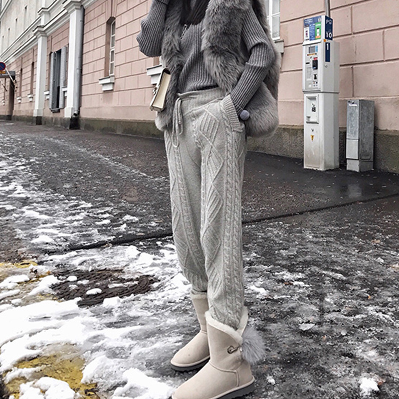 大码麻花奶奶裤毛线阔腿秋冬胖MM宽松小脚萝卜裤子女束脚针织裤女