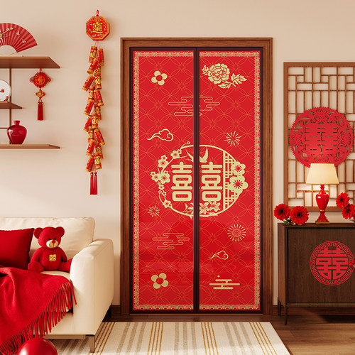 新款红色结婚装饰主卧室磁性门帘