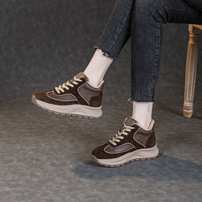 头层牛皮棕色鞋子女真皮复古高帮